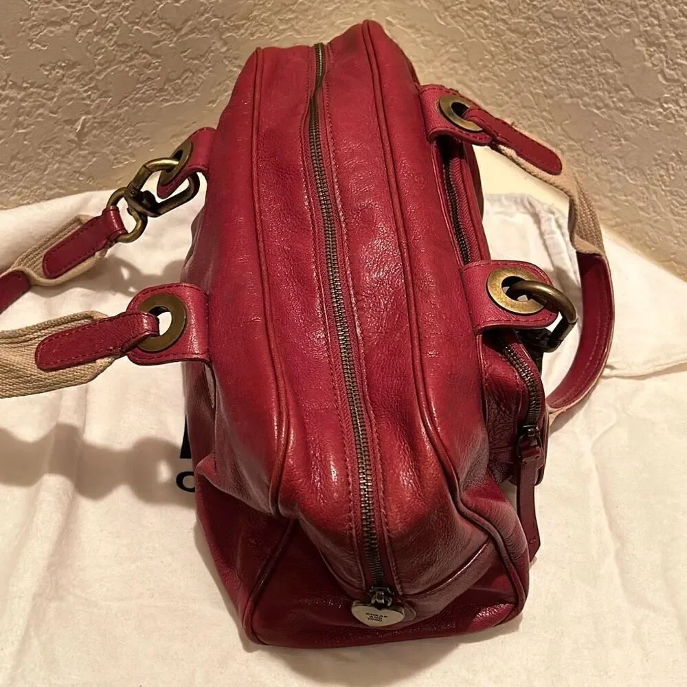 Moschino Top Handle Travel Tote Bag Deep Pinkish Red Leather Gold Hardware